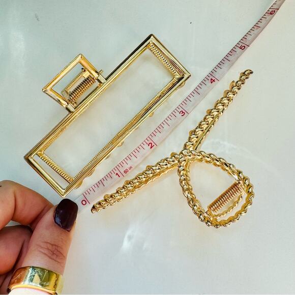 NEW ANTHROPOLOGIE Jumbo XL Rectangular Open Gold Metal Hair Claw Clip Set Duo 2 - Picture 5 of 11
